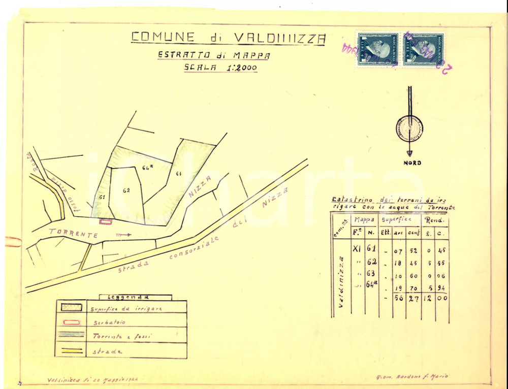 Mappa, planimetria storica 1944 VAL DI NIZZA (PV) Planimetria terreni da irrigare *Geom. Mario BARDONE 1