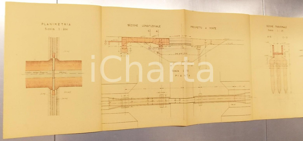 Mappa, planimetria storica 1940 ca BRONI Derivazione OLONETTA nel colatore ARFUGO *Sezione e pianta 110x32 1