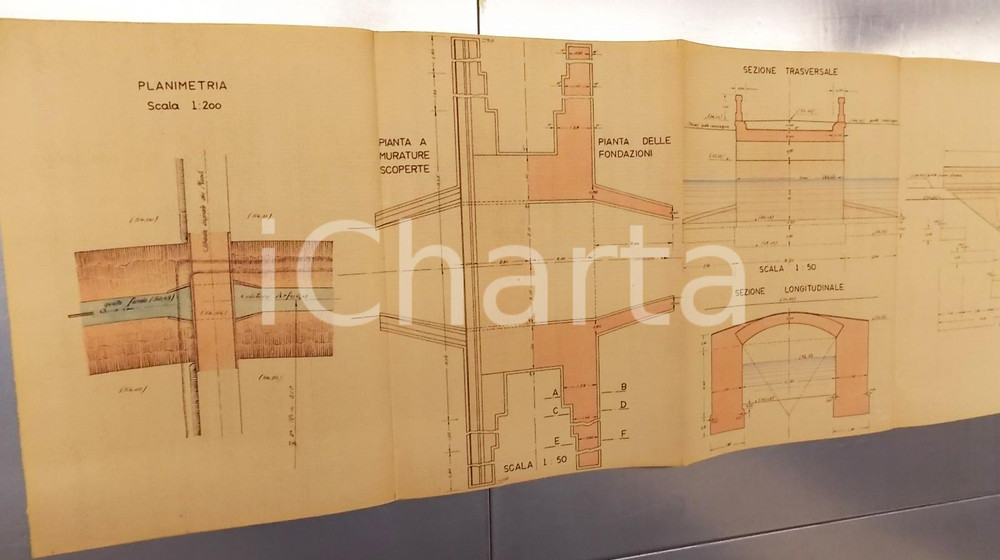 Mappa, planimetria storica 1940 ca BRONI Derivazione OLONETTA nel colatore ARFUGO *Prospetto a monte 1