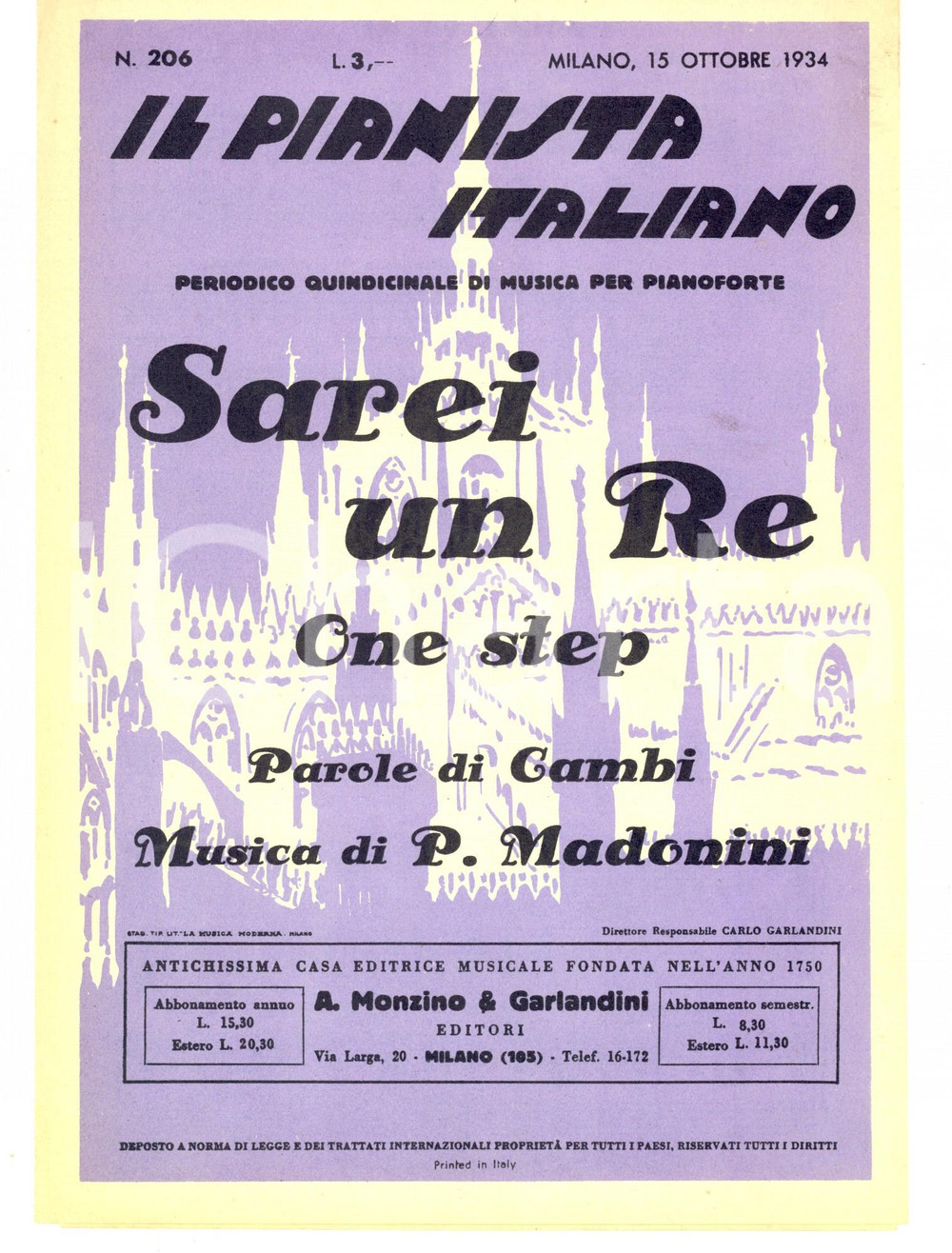 Oggetto da collezione cartaceo 1934 CAMBI  P. MADONINI Sarei un re  One step Spartito MONZINO & GARLANDINI 1