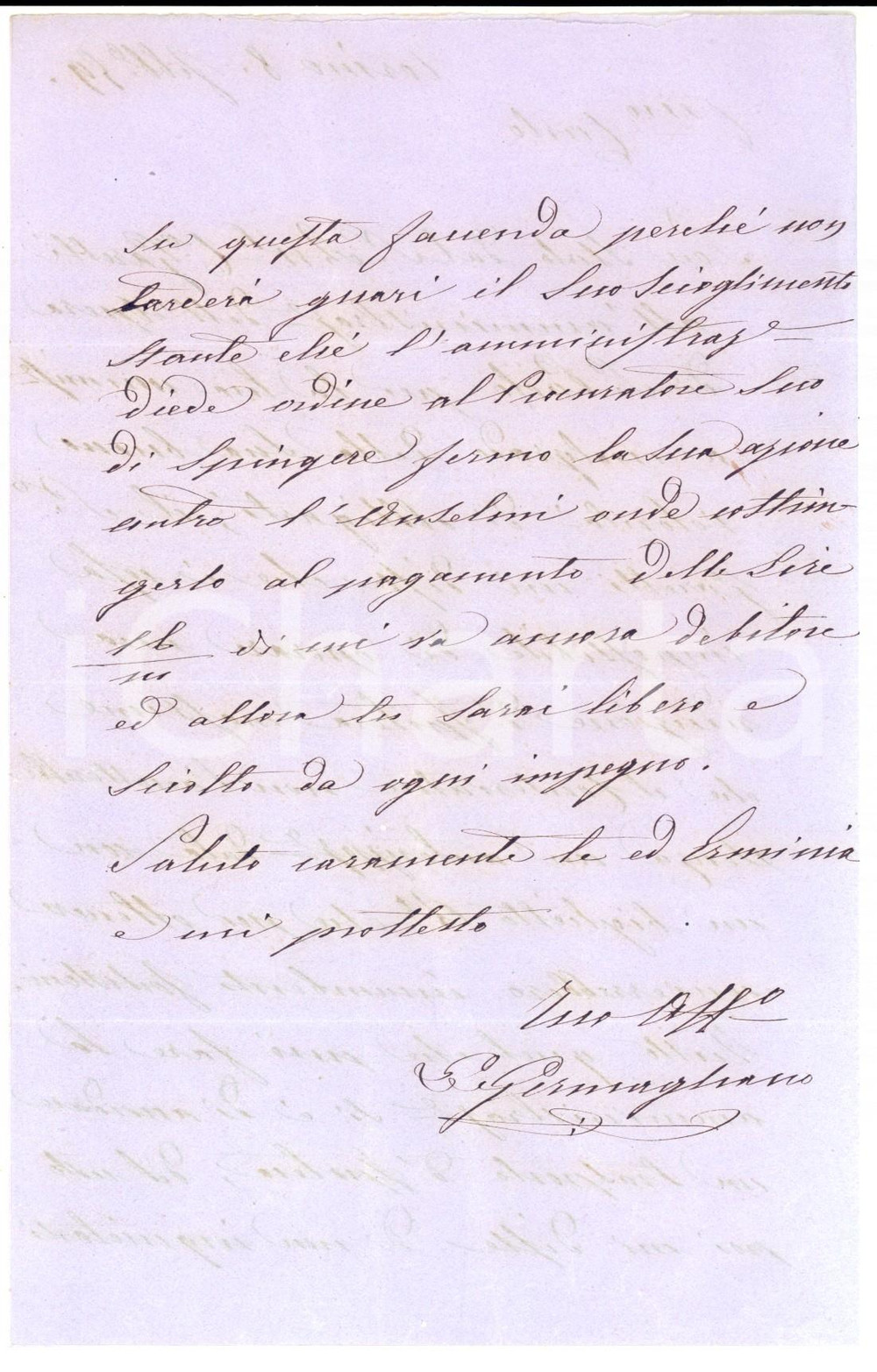 Manoscritto, lettera originale 1859 TORINO Conte FAUSSONE DI GERMAGNANO sui debiti di un parente Lettera 1