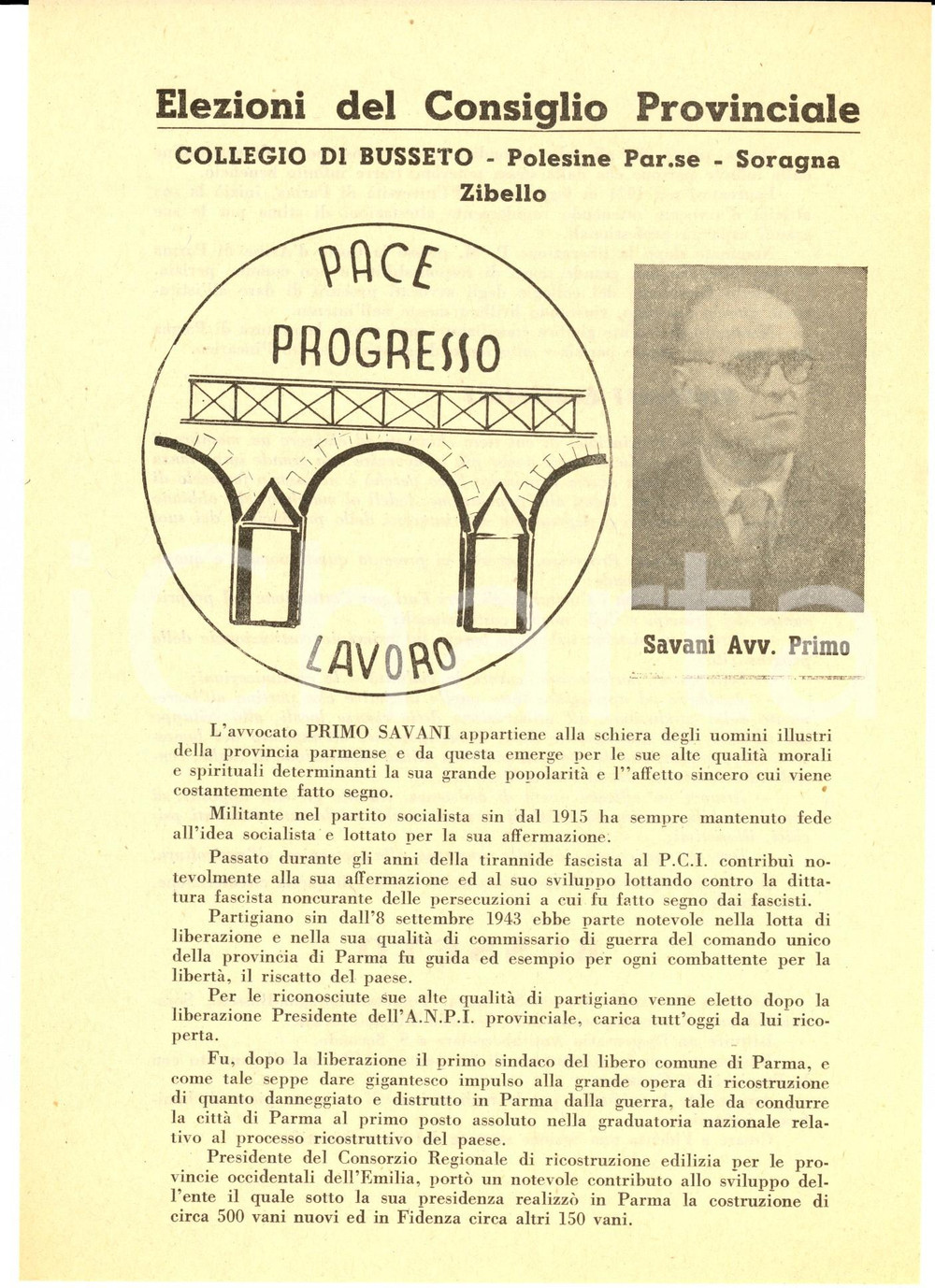 Materiale pubblicitario d’epoca 1950 ca BUSSETO PR Avv. Primo SAVANI  PACE, PROGRESSO, LAVORO  Volantino 1