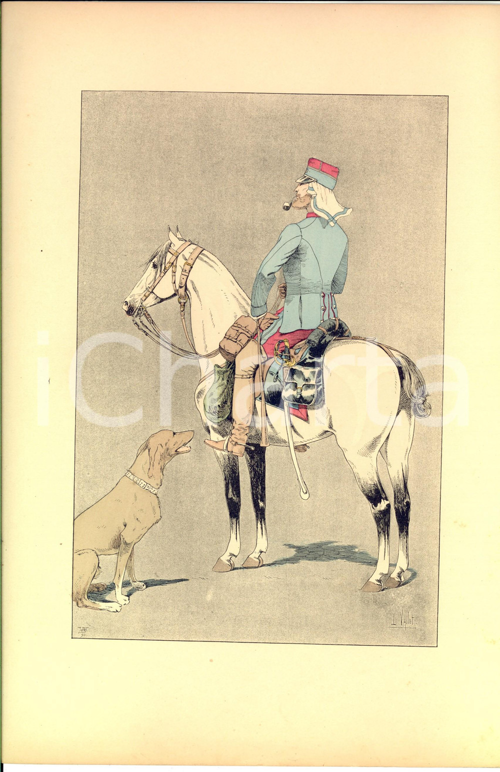 Stampa, bozzetto originale 1890 L. VALLET Le chuic à cheval  Officier du 9e de chasseurs en colonne Litho 1
