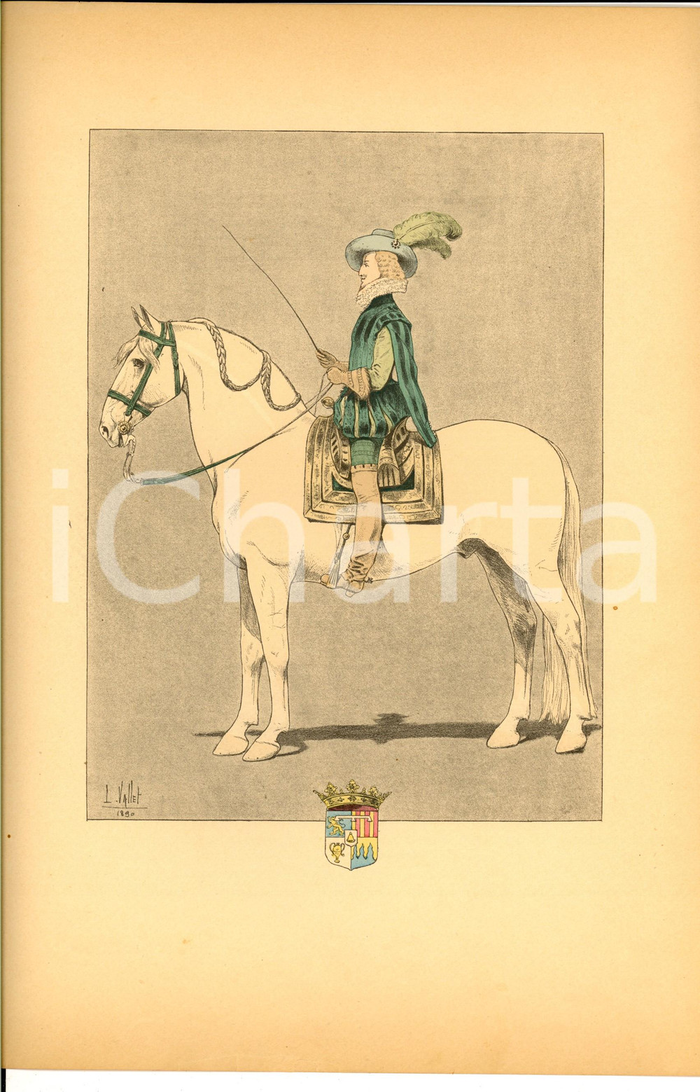 Stampa, bozzetto originale 1890 L. VALLET Le chic Ã  cheval  Caesar Auguste de BELLEGARDE Litho 25x33 cm 1