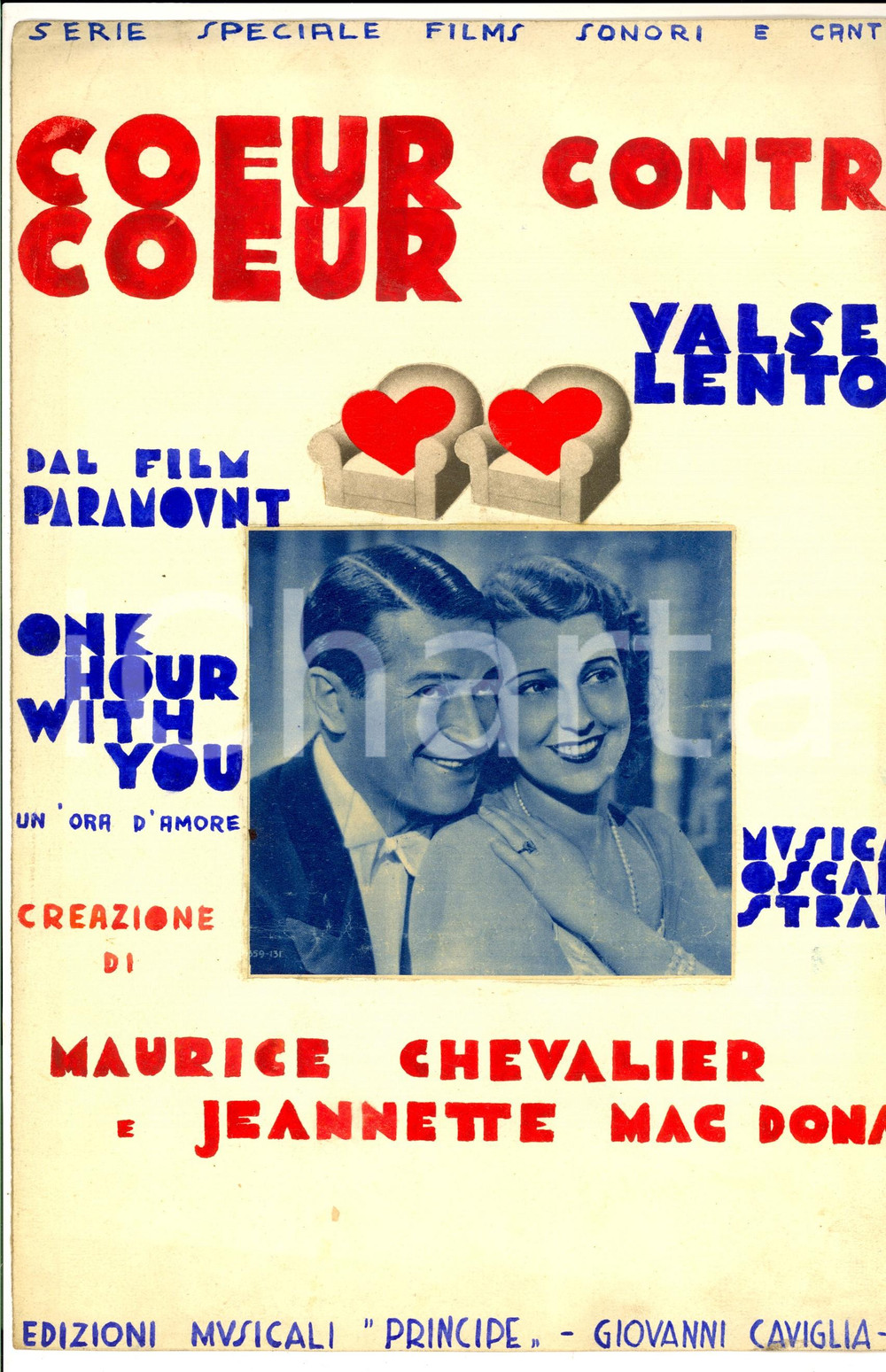 Stampa, bozzetto originale 1933 COEUR CONTRE COEUR Spartito 'One hour with you' *Illustrazione ORIGINALE 1
