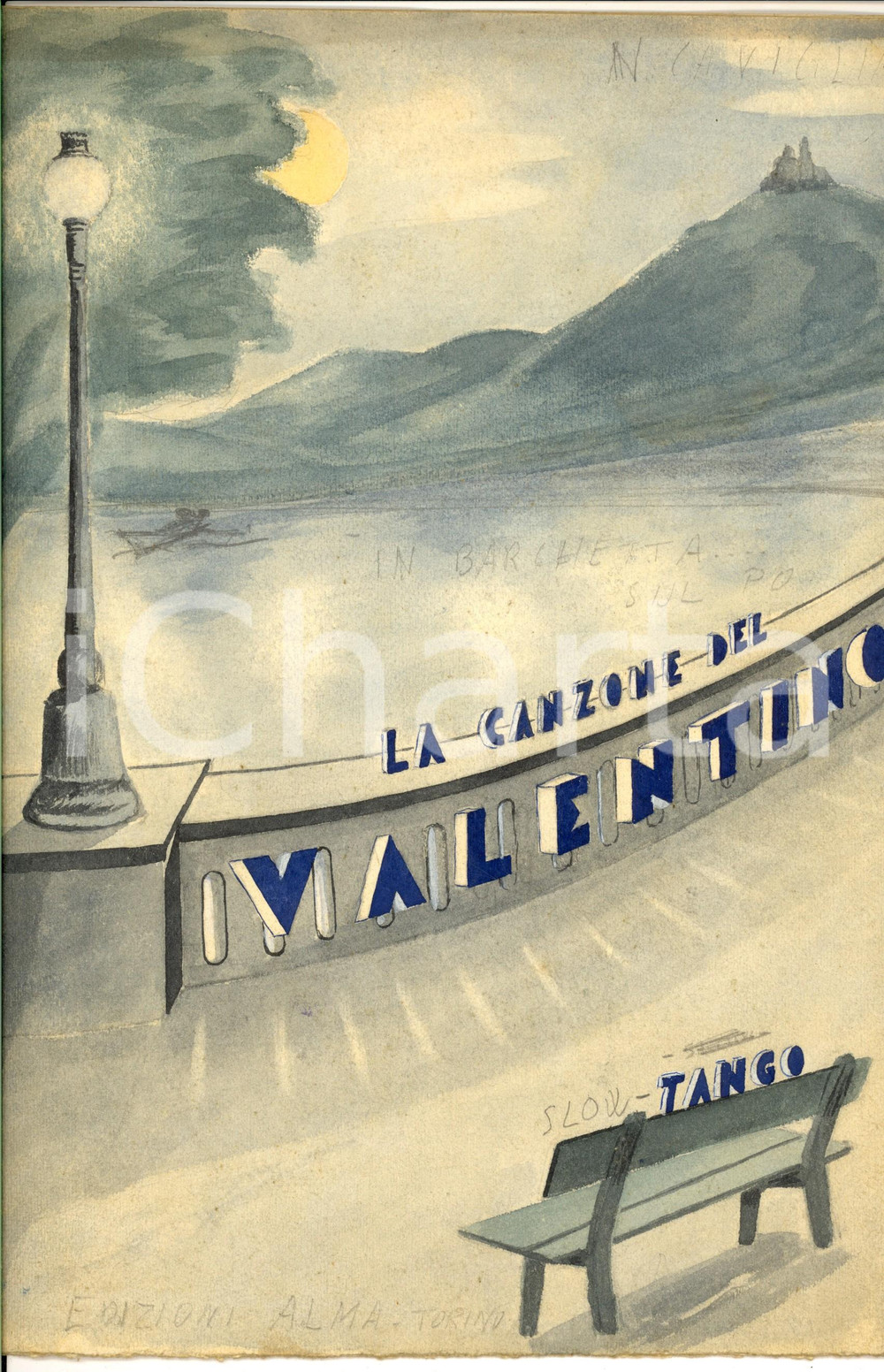 Stampa, bozzetto originale 1932 TORINO Norberto CAVIGLIA La canzone del Valentino BOZZETTO ORIGINALE 1