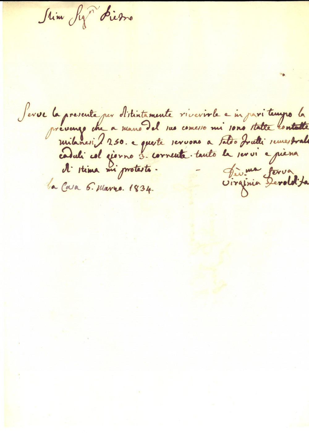 Documento originale, autentico 1834 BRESCIA Virginia FEROLDI FANTI riceve interessi su capitale Documento 1