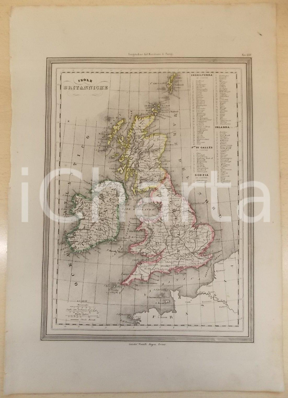 Stampa, bozzetto originale 1864 Atlante Geografico Universale  Isole Britanniche Ed. GUIGONI Tav. XIII 1