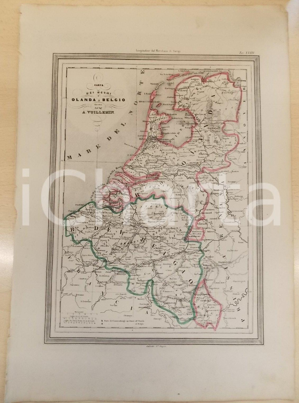 Stampa, bozzetto originale 1864 Atlante Universale  Regni d Olanda e Belgio Ed. GUIGONI Tav. XVIII Mappa 1
