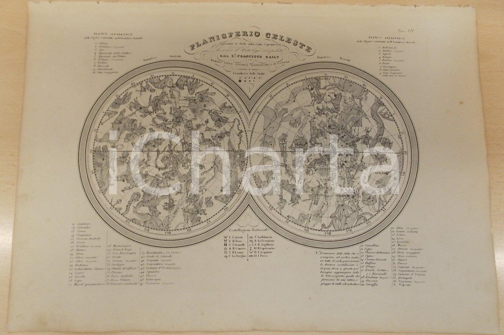 Stampa, bozzetto originale 1864 Atlante Geografico Universale  Planisferio celeste Ed. GUIGONI Tav. VII 1