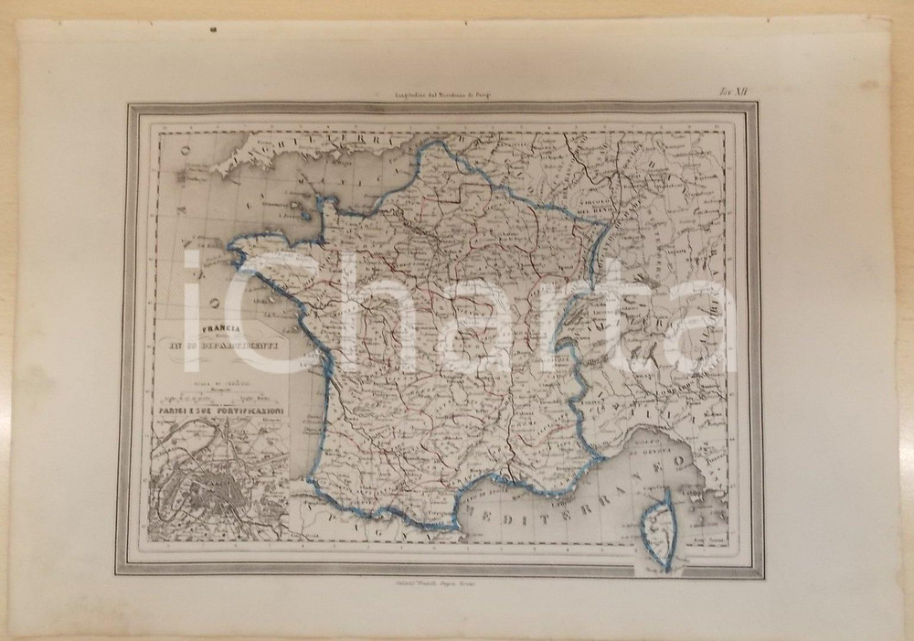 Stampa, bozzetto originale 1864 Atlante Geografico Universale  Francia Ed. GUIGONI Tav. XII 41x28 cm 1