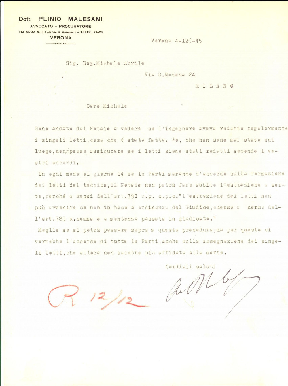 Manoscritto, lettera originale 1945 VERONA Avv. Plinio MALESANI su lotti immobiliari di Michele ABRILE 1