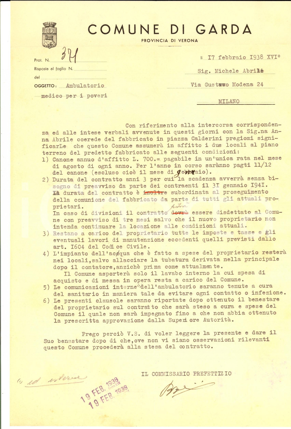 Documento originale, autentico 1938 GARDA (VR) Affitto di locali per nuovo ambulatorio medico per i poveri 1