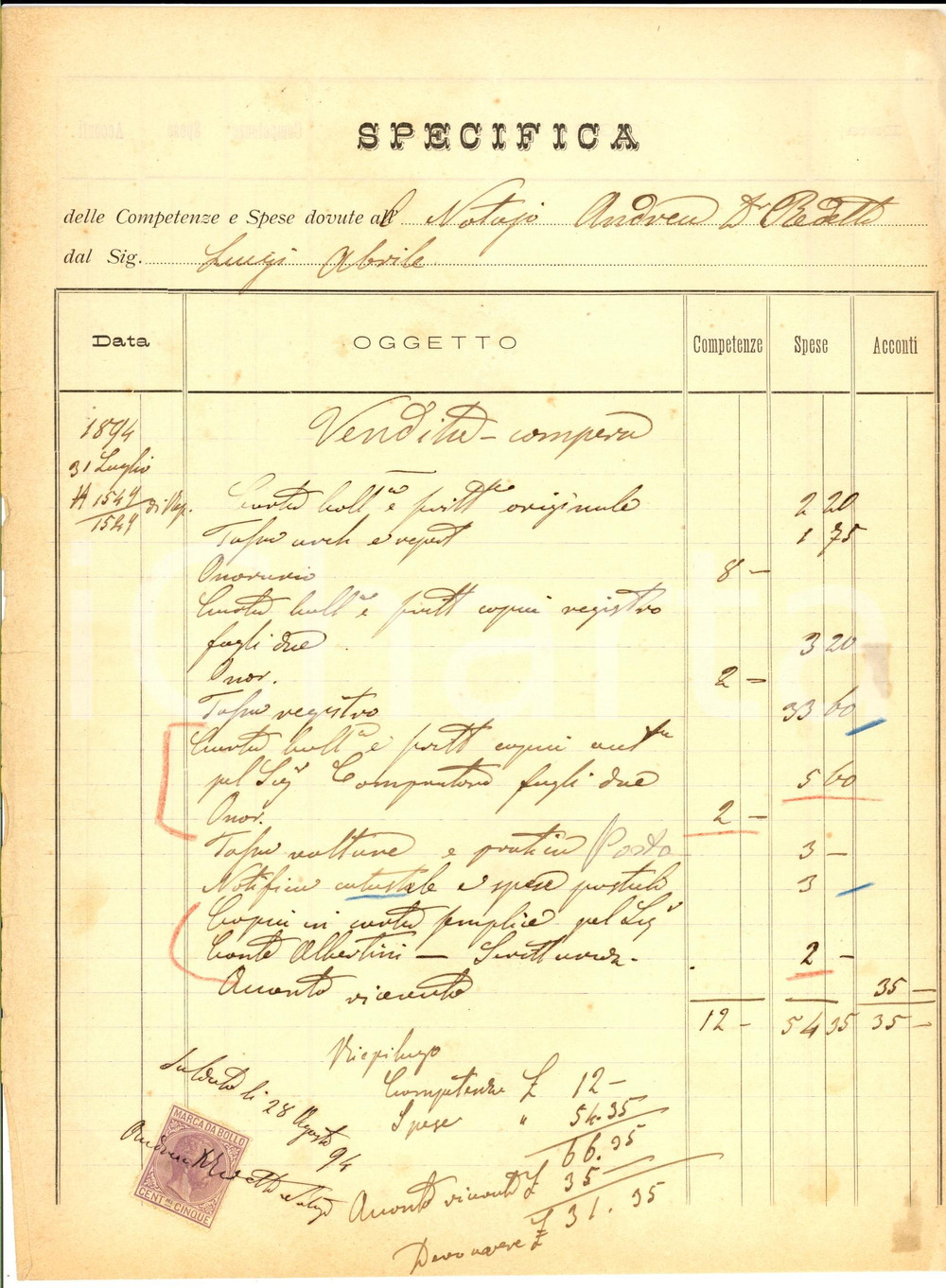 Documento originale, autentico 1894 PADOVA Conto del notaio Andrea REDETTI per atto di vendita *Manoscritto 1
