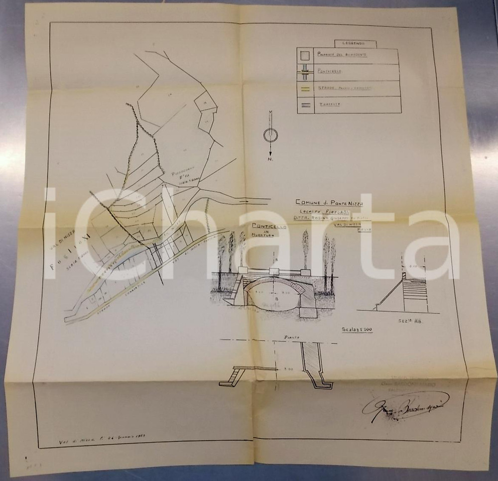 Mappa, planimetria storica 1953 PONTE NIZZA - FIRAGNOLI (PV) Progetto per ponticello *Geom. Mario BARDONE 1