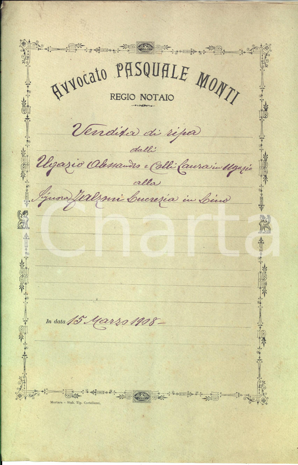 Documento originale, autentico 1908 CILAVEGNA (PV) Coniugi UGAZIO vendono ripa a Lucrezia FALZONI *Manoscritto 1