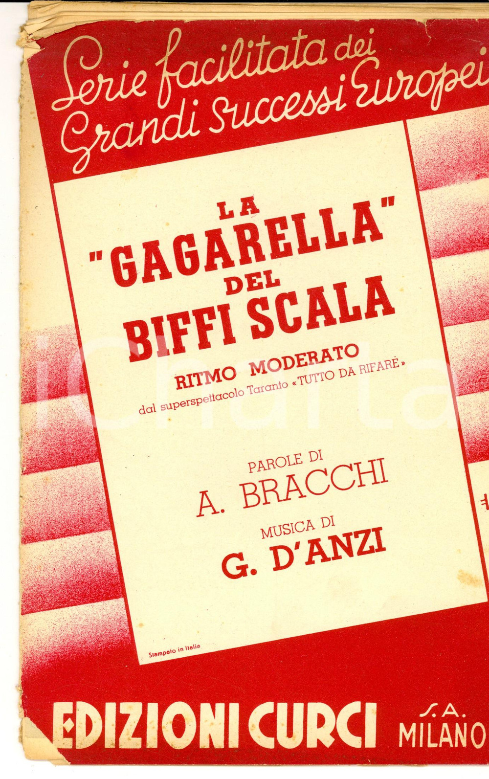 Oggetto da collezione cartaceo 1941 MILANO BRACCHI - D'ANZI La Gagarella del Biffi Scala *Spartito ed. CURCI 1