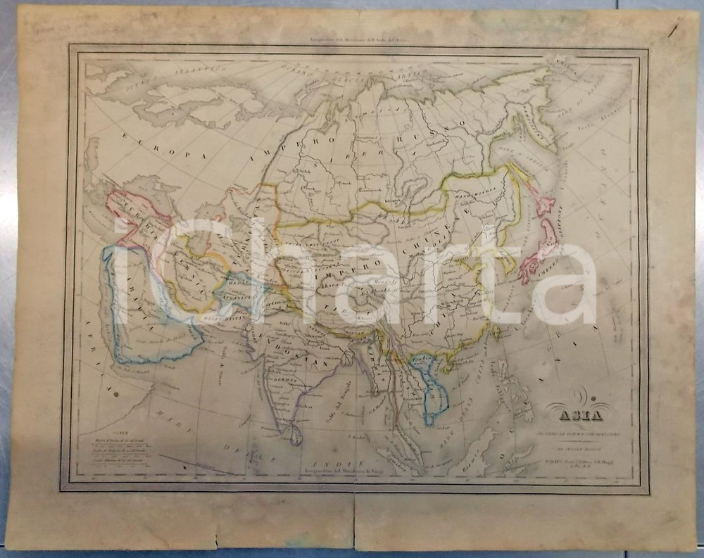 Stampa, bozzetto originale 1865 ca TORINO Atlante universale - ASIA nelle sue ultime divisioni *Ed. MAGGI 1