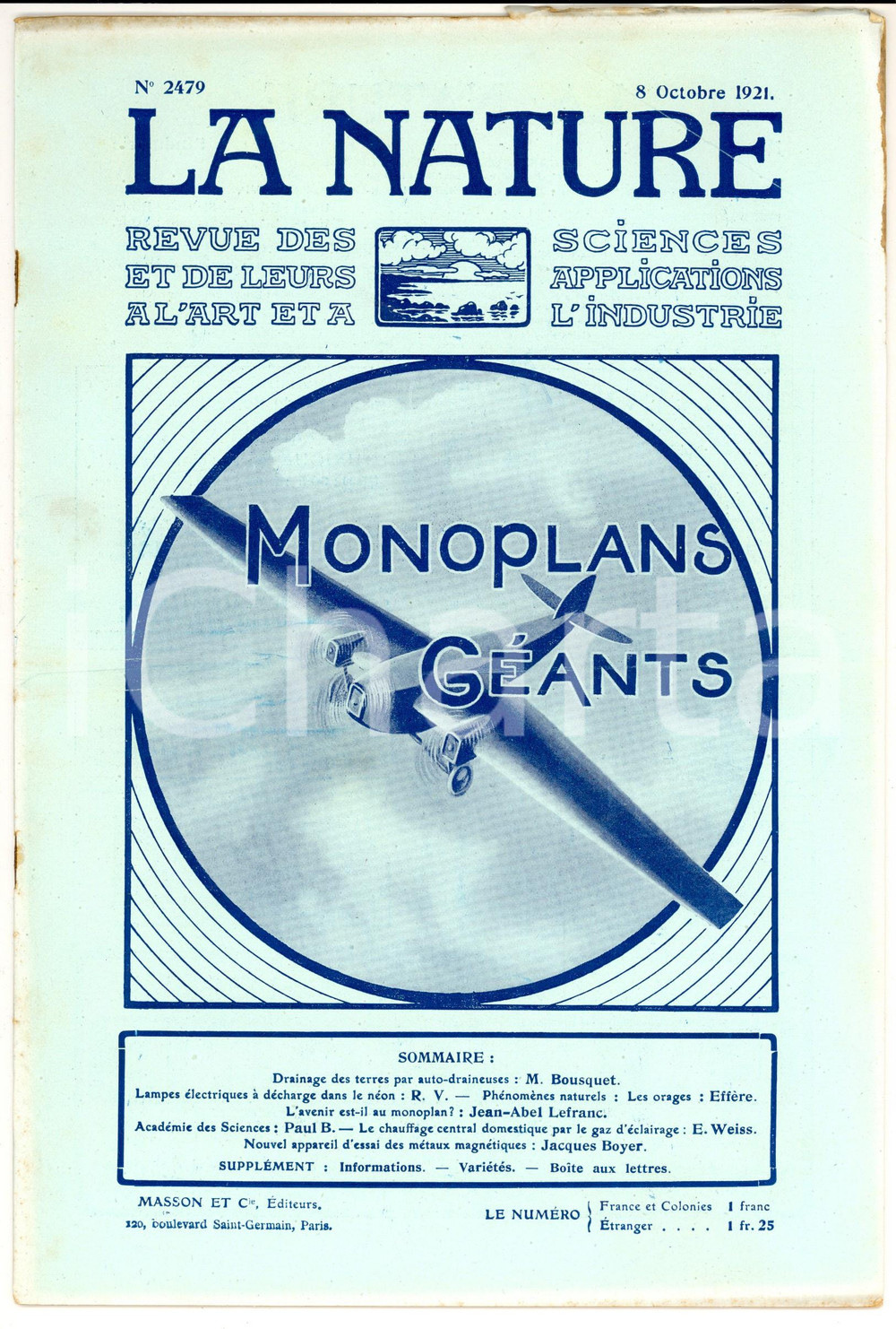 Giornale, rivista storica 1921 LA NATURE Monoplans gÃ©ants *Rivista ILLUSTRATA nÂ° 2479 1