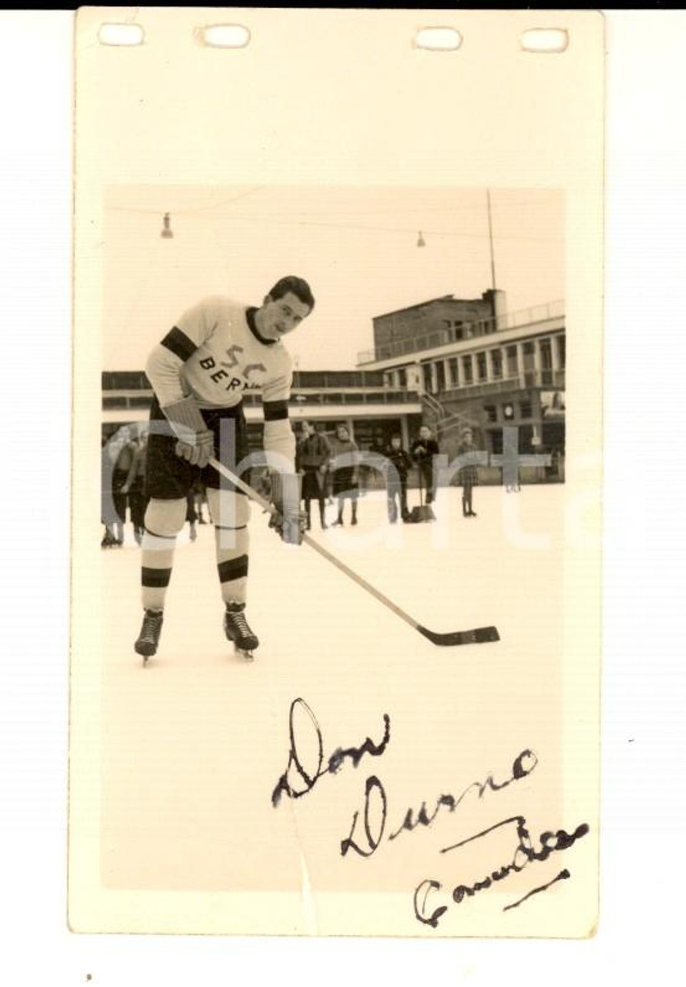 Fotografia d'epoca originale 1950 ca CANADA Hockey su ghiaccio - Don DURNO *Foto AUTOGRAFATA DANNEGGIATA 7x10 1