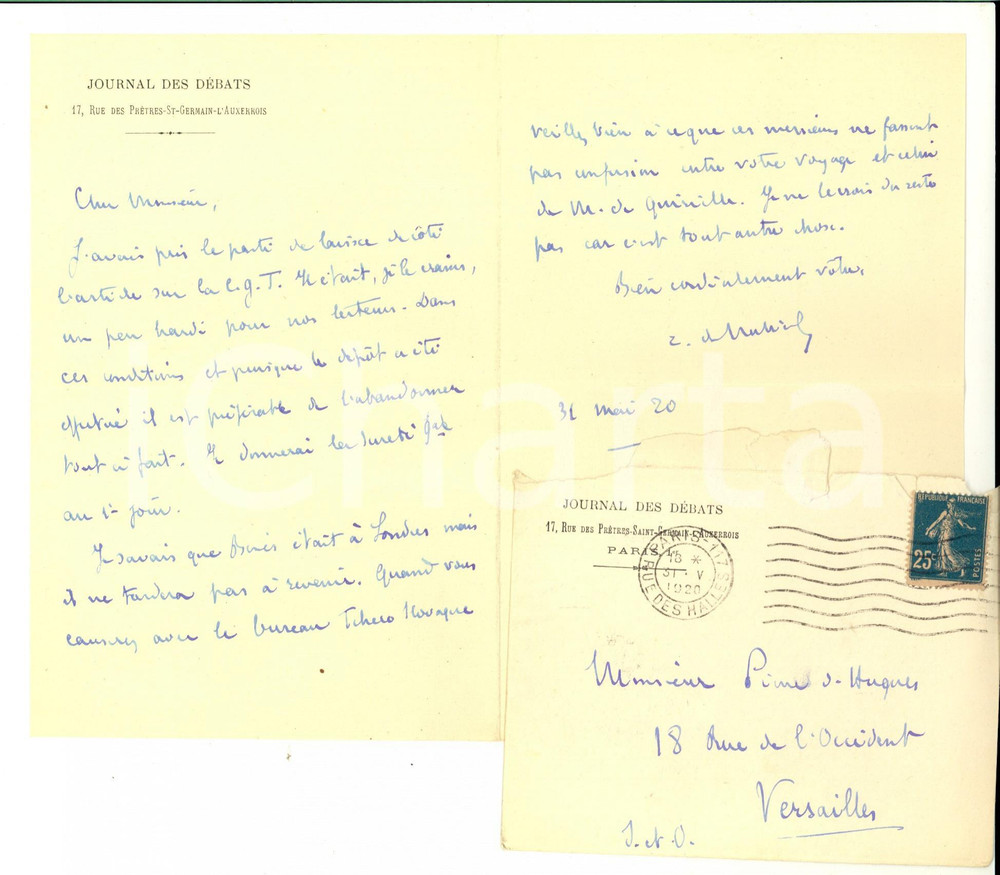 Autografo originale 1920 PARIS JOURNAL DES DEBATS Etienne BANDY DE NALECHE abbandona il discorso 1