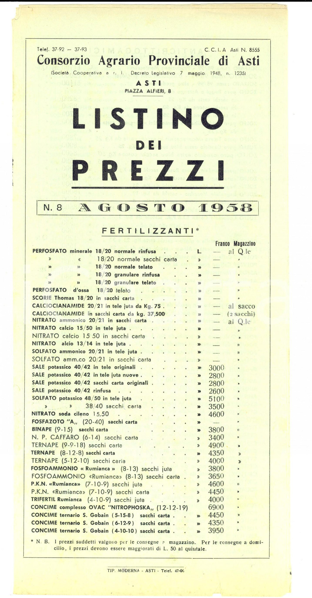 Materiale pubblicitario d’epoca Agosto 1958 ASTI Consorzio Agrario Provinciale Listino fertilizzanti e mangimi 1