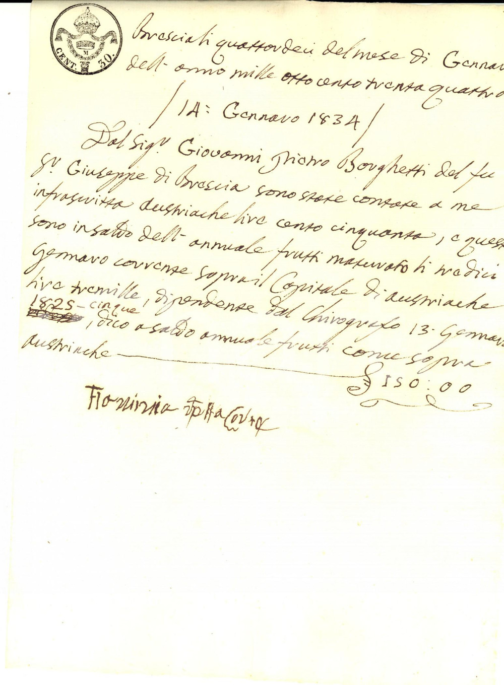 Manoscritto, lettera originale 1834 BRESCIA Flaminia MONTI DELLA CORTE riceve interessi su capitale Autografo 1