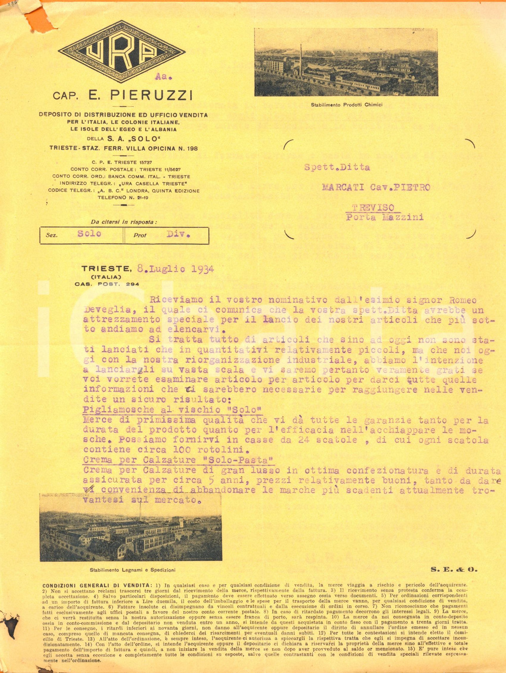 Documento originale, autentico 1934 TRIESTE Ditta PIERUZZI pigliamosche vischio SOLO e crema calzature Lettera 1