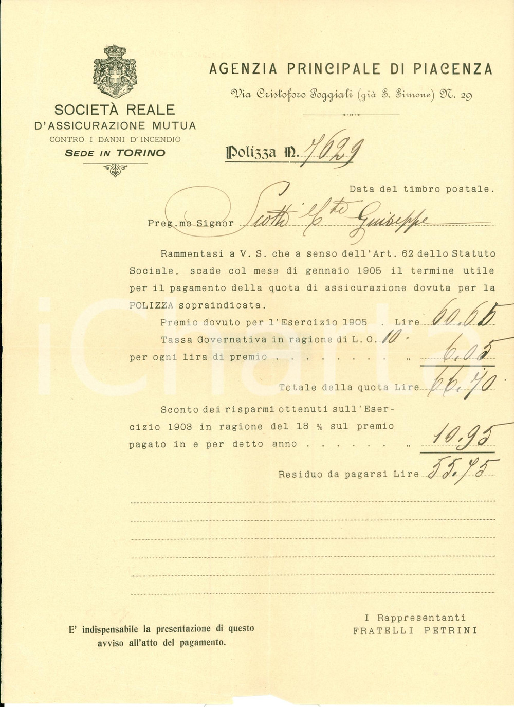 Documento originale, autentico 1905 PIACENZA Premio incendio SocietÃ  Reale Assicurazione Mutua Documento 1