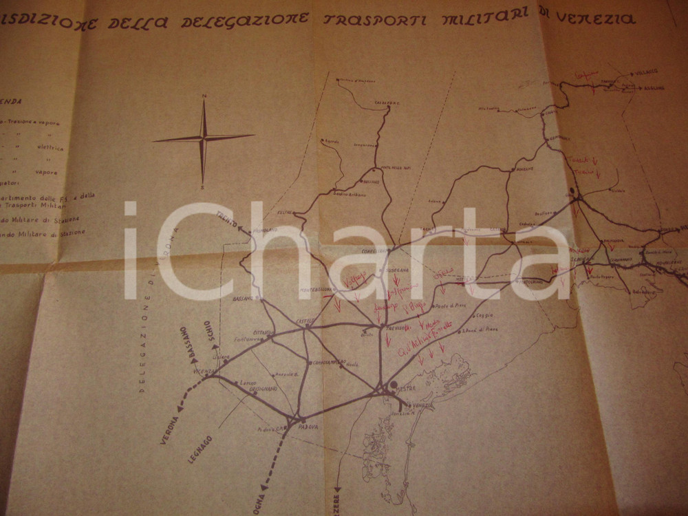 Documento originale, autentico 1955 VENEZIA FERROVIE Mappa Delegazione Trasporti Militari cm 70 x 50 1