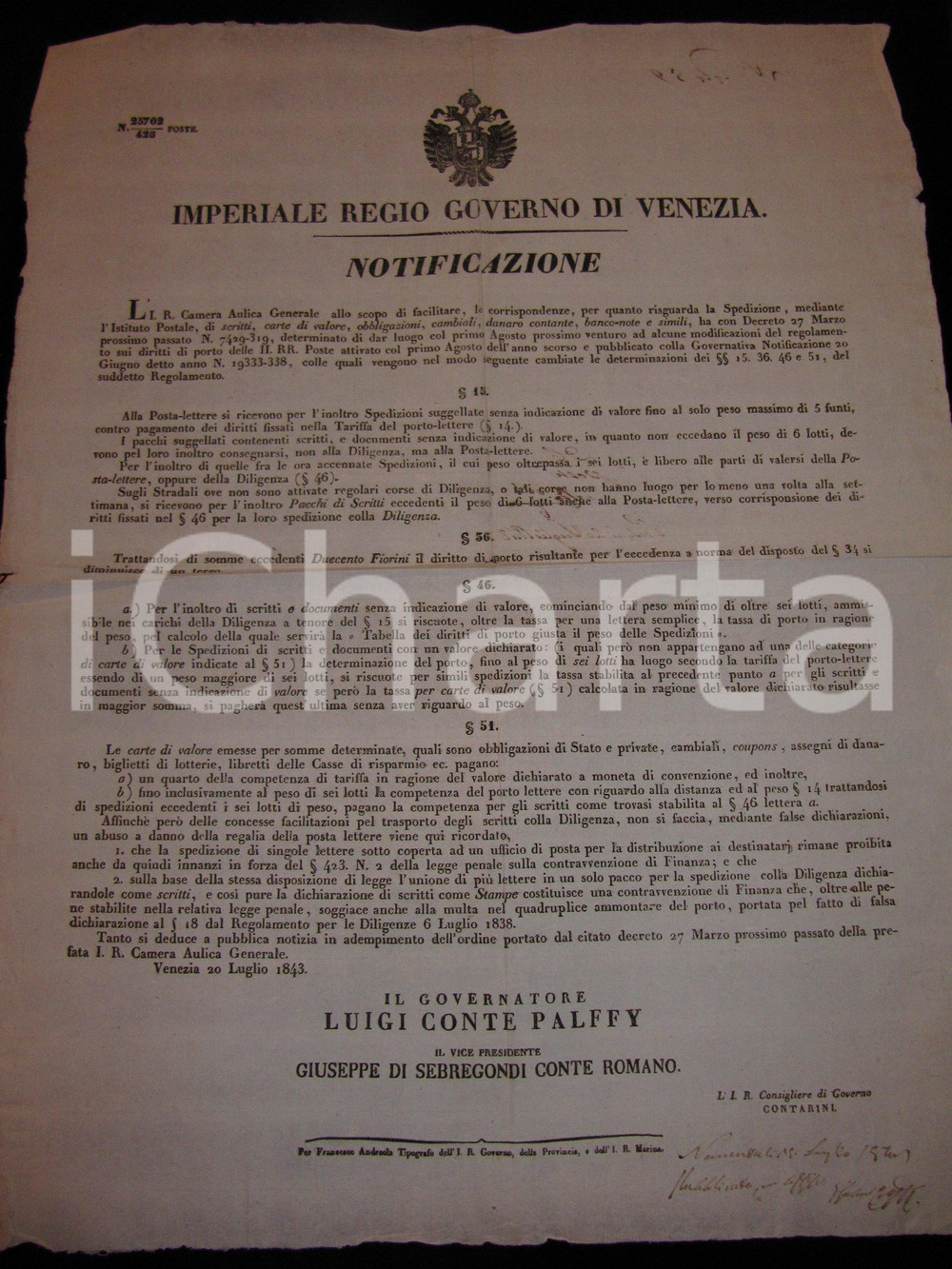Documento originale, autentico 1843 VENEZIA POSTE IMPERIALI Spedizione carte valori cambiali e denaro MANIFESTO 1