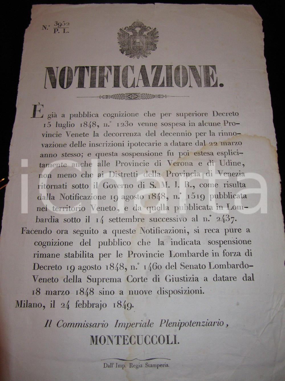 Documento originale, autentico 1849 VENEZIA Cessano rinnovi ipoteche nel REGNO LOMBARDO-VENETO *Manifesto 1