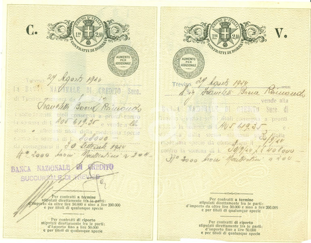 Oggetto da collezione cartaceo 1924 TREVISO Contratti di borsa buoni MONTECATINI Banca Nazionale di Credito 1