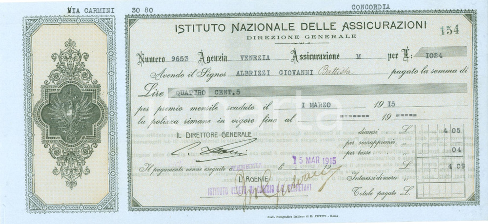 Documento originale, autentico 1915 CONCORDIA SAGITTARIA VE Giovanni ALBRIZZI Istituto Nazionale Assicurazioni 1