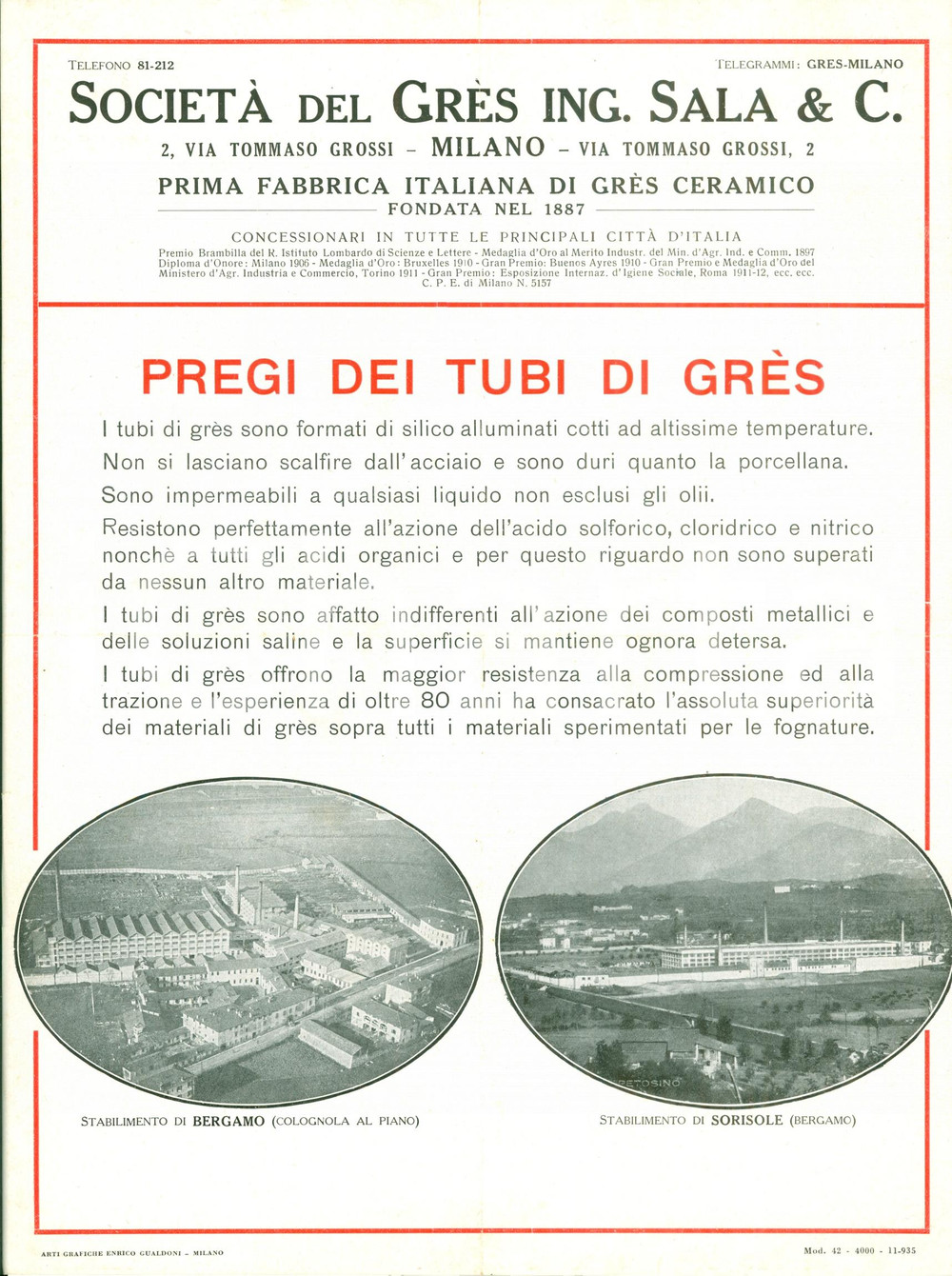Materiale pubblicitario d’epoca 1935 MILANO Ing. SALA & C. SocietÃ  del GRES tubi di silico COLOGNOLA AL PIANO 1