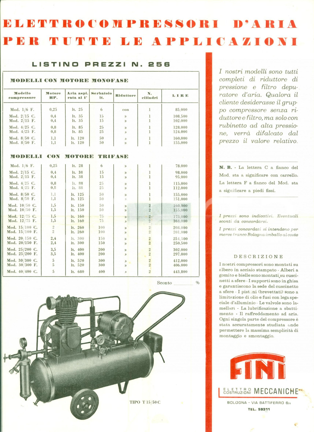 Materiale pubblicitario d’epoca 1935 ca BOLOGNA Elettrocostruzioni meccaniche FINI elettrocompressore ILLUSTRATO 1