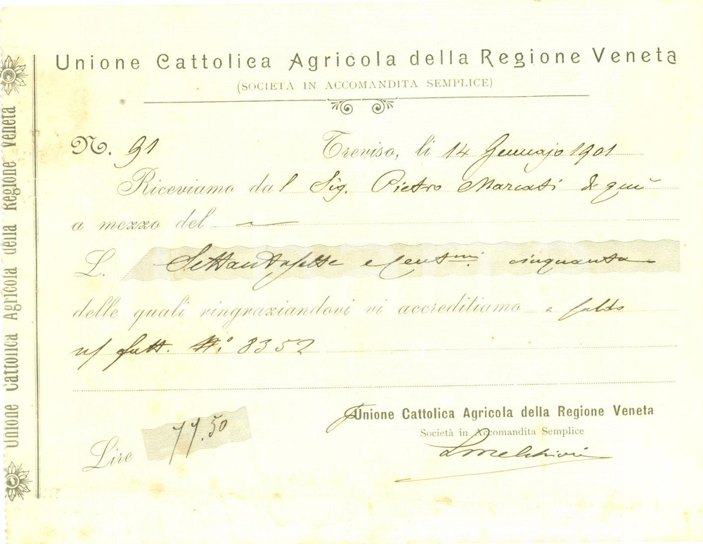 Documento originale, autentico 1901 TREVISO Distilleria Pietro MARCATI quota Unione Cattolica Agricola Veneta 1