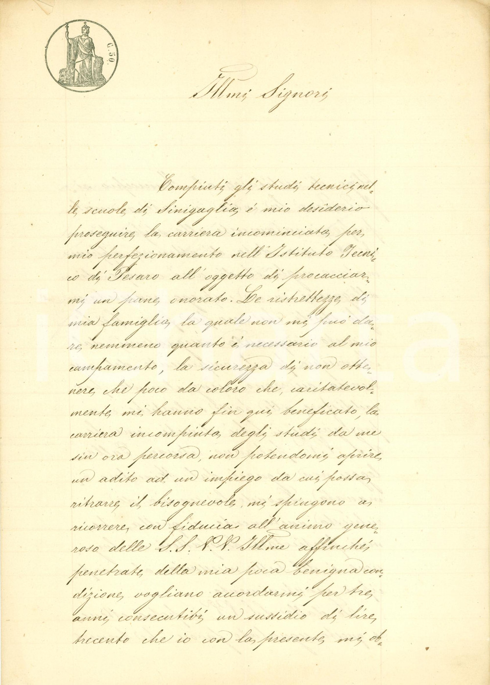Documento originale, autentico 1870 CORINALDO (AN) Italiano ANGELONI chiede sussidio per studi tecnici a PESARO 1