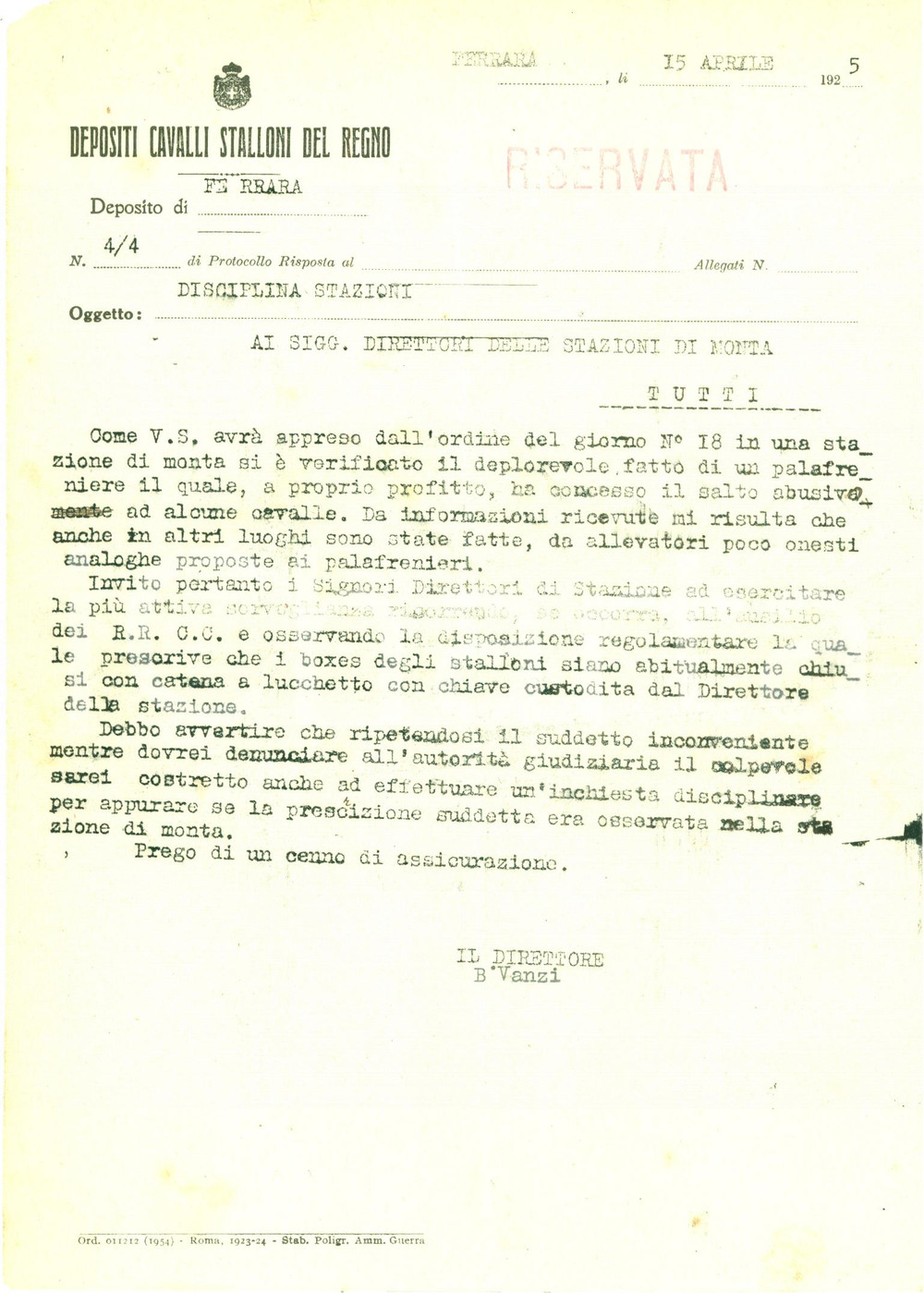 Documento originale, autentico 1925 FERRARA Salto abusivo cavalle in stazione di monta *Documento 1