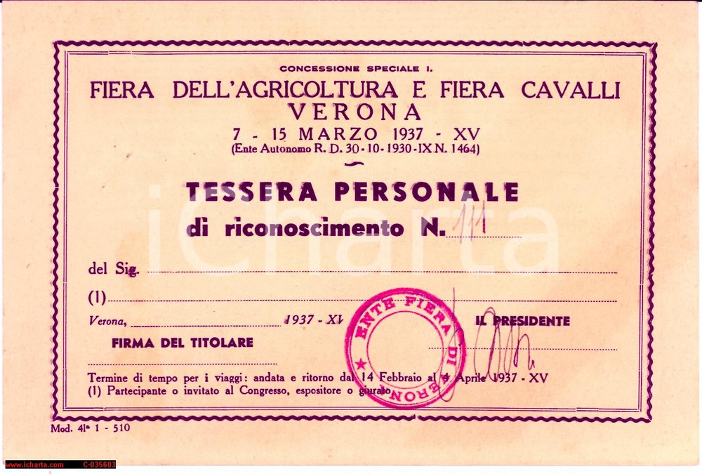 Oggetto da collezione cartaceo 1937 VERONA Fiera agricoltura e cavalli TESSERA 1