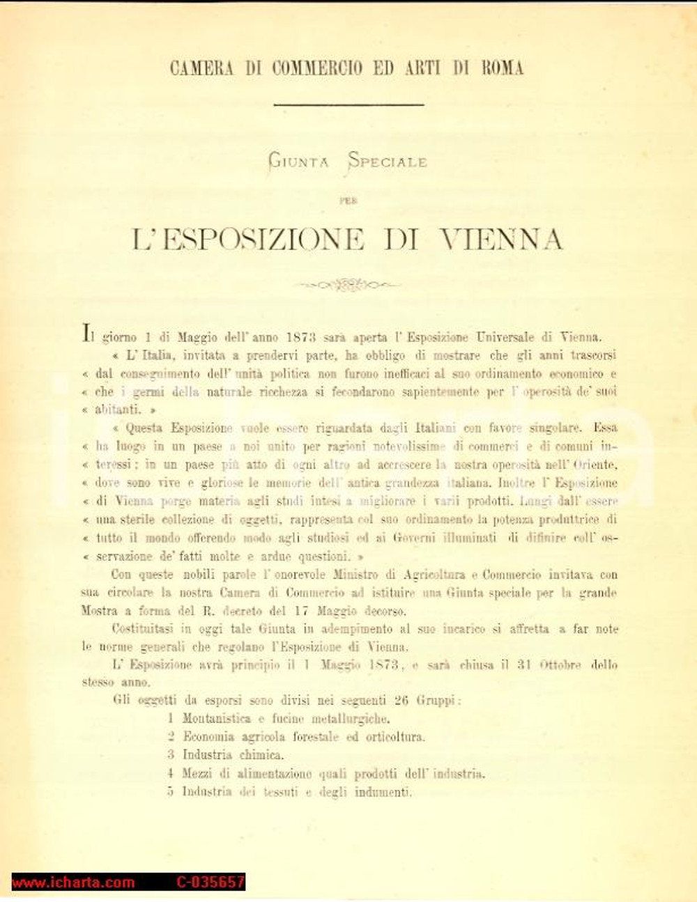 Documento originale, autentico 1873 Giunta Speciale per l Esposizione di Vienna 1