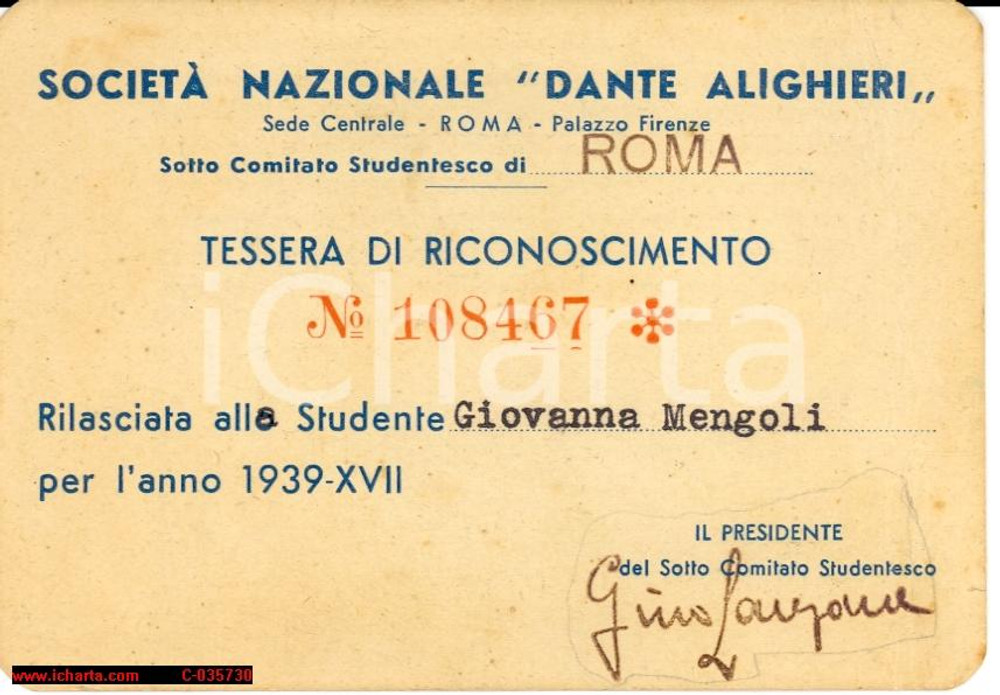 Oggetto da collezione cartaceo 1939 Soc.Naz. Dante Alighieri, Giovanna Mengoli 1