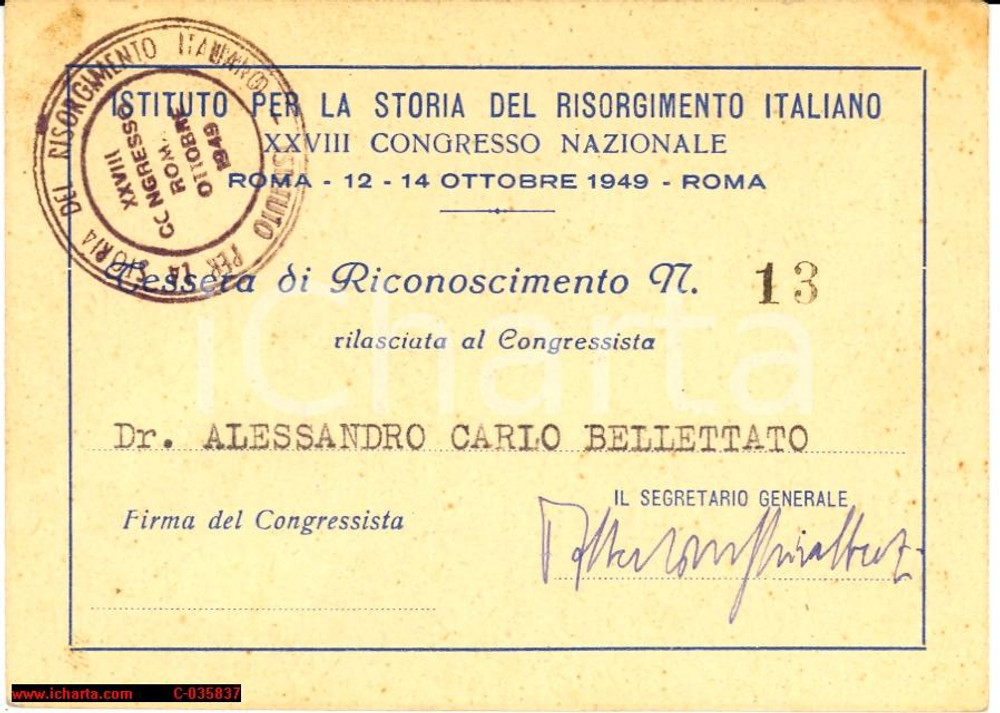 Oggetto da collezione cartaceo 1949 CONGRESSO STORIA DEL RISORGIMENTO tessera 1
