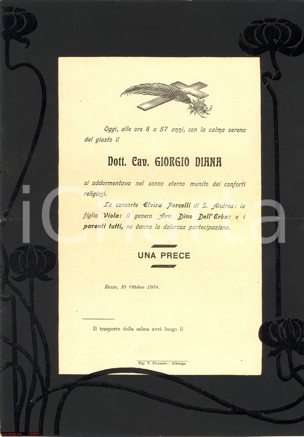 Manoscritto, lettera originale 1908 REZZO IM Annuncio mortuario cavalier Giorgio Diana 1