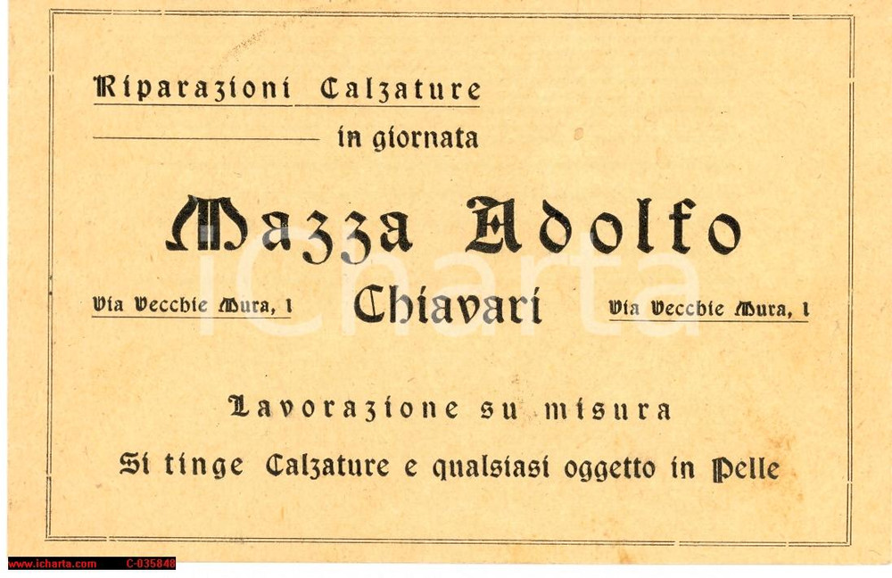 Oggetto da collezione cartaceo 1920 CHIAVARI Via Vecchie Mura 1 Mazza Adolfo  calzolaio  biglietto 1