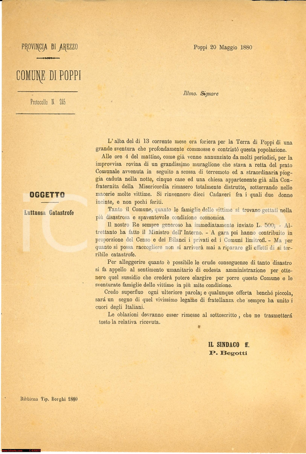 Documento originale, autentico 1880 TERREMOTO A POPPI Arezzo Luttuosa catastrofe 1