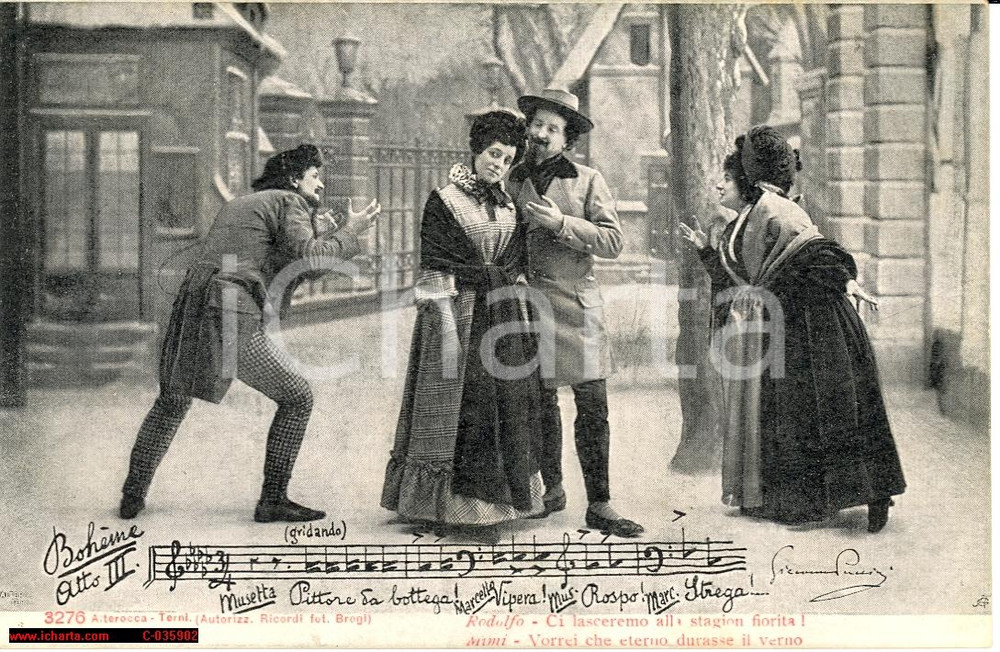 Cartolina originale da collezione 1905 La Boheme, foto di scena con spartito Puccini 1