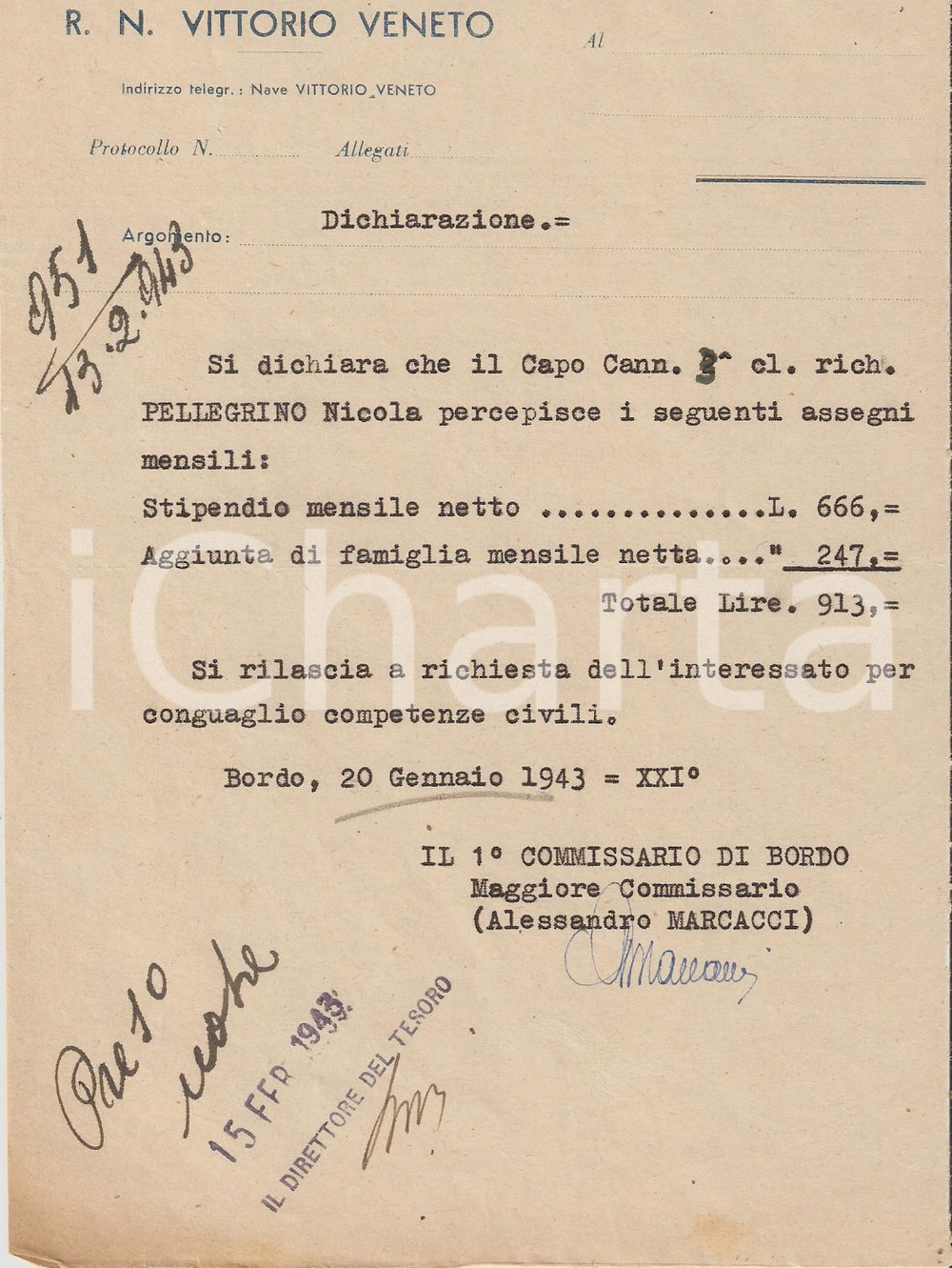 Documento originale, autentico 1943 R. Nave Vittorio Veneto, cannoniere N. Pellegrino 1