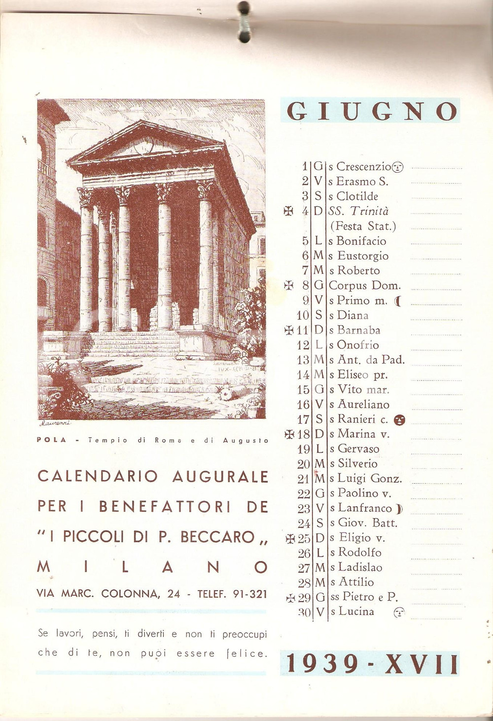 Oggetto da collezione cartaceo 1939 MILANO I piccoli di PADRE BECCARO Calendario Roma imperiale nel mondo 1