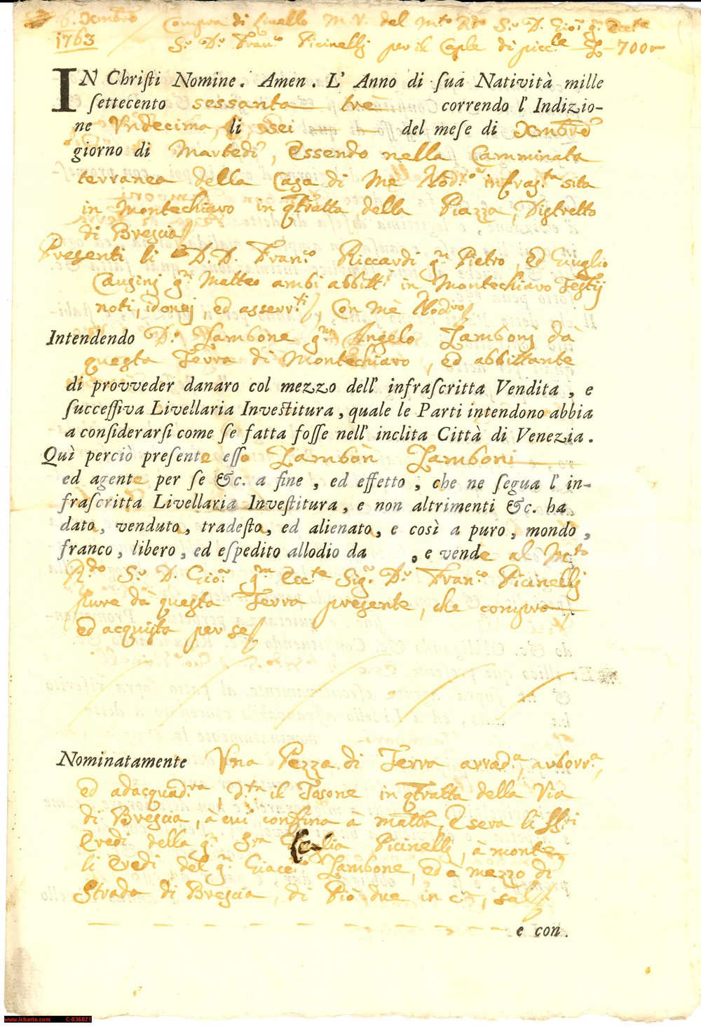 Documento originale, autentico 1763 Montichiari Rendita su terreno, cambio valute 1
